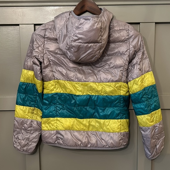 UNIQLO Ultra Light Down Puffer Jacket Coat Hooded Silver Yellow Green Sz Small - Picture 5 of 7